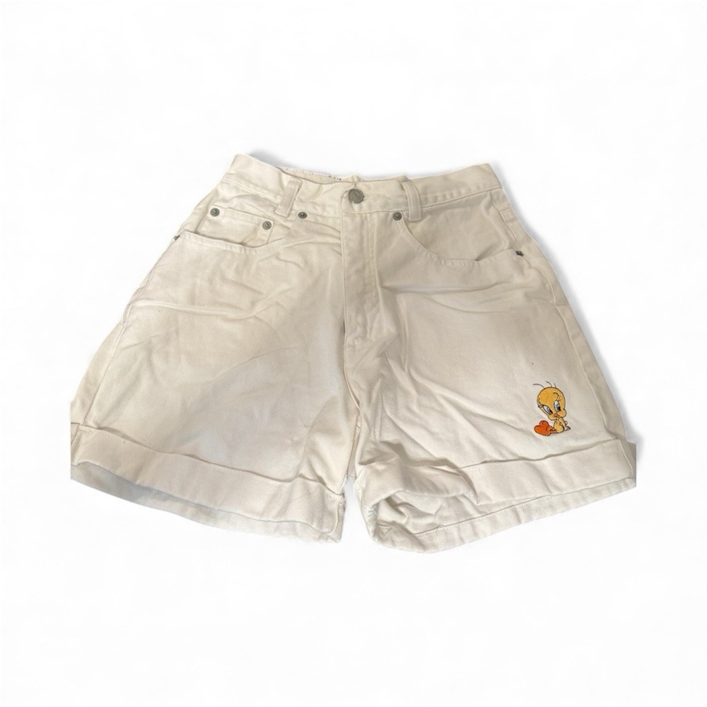 Vintage Looney Tunes Womens Jean Shorts Tweetie Bird Sz 4 White